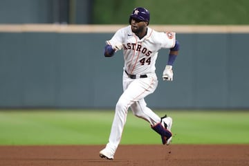 HOUSTON, TEXAS - OCTOBER 22: Yordan Alvarez #44 of the Houston Astros runs to third after hitting a triple off Josh Taylor #38 of the Boston Red Sox (not pictured) during the sixth inning in Game Six of the American League Championship Series at Minute Ma