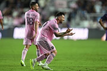 Aug 11, 2023; Fort Lauderdale, FL, USA; Inter Miami CF forward Lionel Messi (10) reacts after scoring a goal in the second half against Charlotte FC at DRV PNK Stadium. Mandatory Credit: Jeremy Reper-USA TODAY Sports